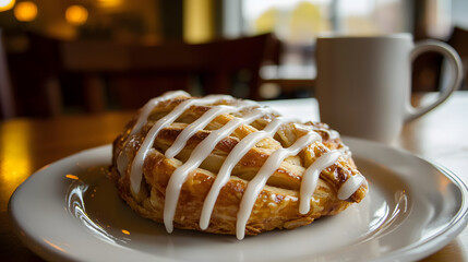 A cinnamon roll with a white glaze sits on a white plate