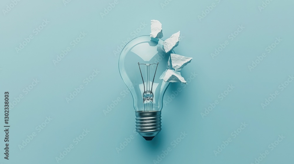 Poster a lightbulb breaking apart into individual thoughts and reassembling in a new way, critical thinking