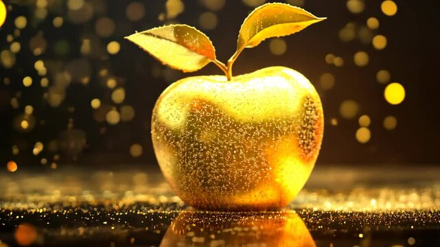 close up gold apple with glitter glow falling behind