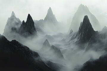 Dramatic black and white mountain landscape with mist rolling over jagged peaks, creating a moody and mysterious atmosphere