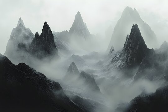 Dramatic black and white mountain landscape with mist rolling over jagged peaks, creating a moody and mysterious atmosphere - Powered by Adobe