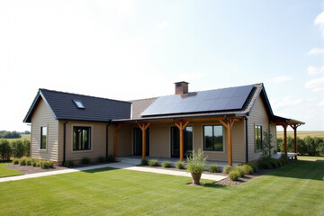 A Modern Sustainable house with sleek solar panels integrated into a flat roof, framed by minimalist landscaping.