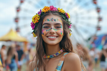 Fototapeta premium Festival-goer standing in front of a Ferris wheel, radiating happiness and energy.