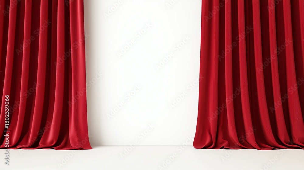 Poster elegant red curtains frame a blank white wall, creating a dramatic and sophisticated visual backdrop