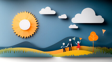 Family enjoying a fun day playing with kites in a vibrant park setting papercut art style cheerful environment creative viewpoint