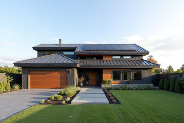 Fototapeta premium A Modern Sustainable house with sleek solar panels integrated into a flat roof, framed by minimalist landscaping.