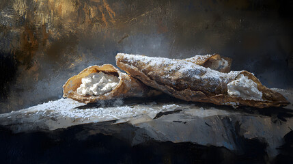A painting of three donuts with powdered sugar on top