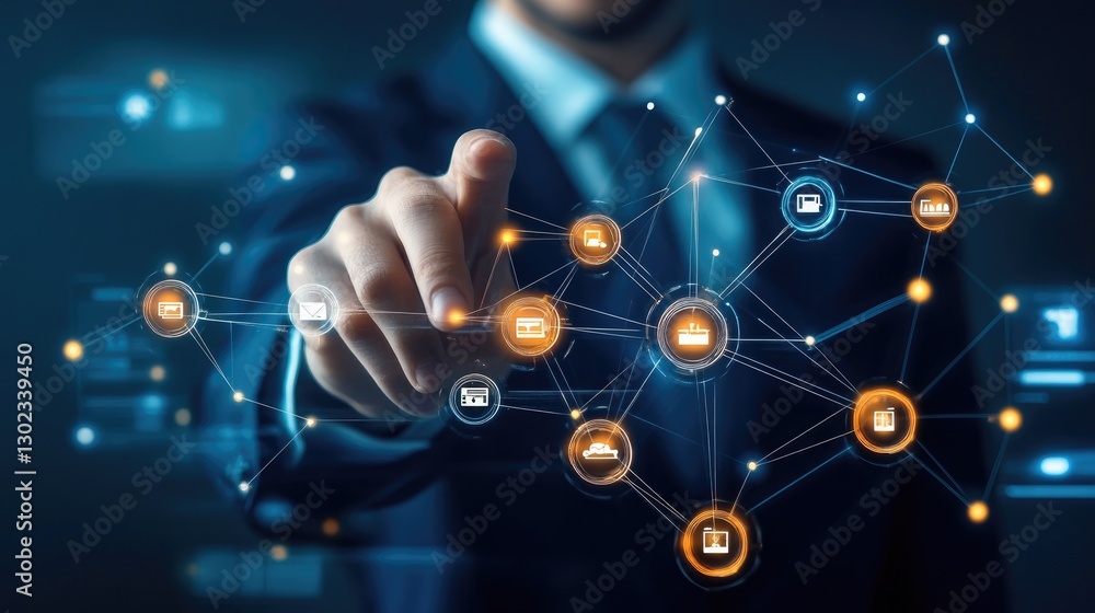 Aufkleber global network connectivity, businessman interacting with a digital network of interconnected nodes,