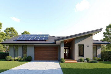 Fototapeta premium A Modern Sustainable house with sleek solar panels integrated into a flat roof, framed by minimalist landscaping.