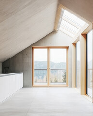 Obraz premium Modern kitchen with large windows and mountain view during daytime