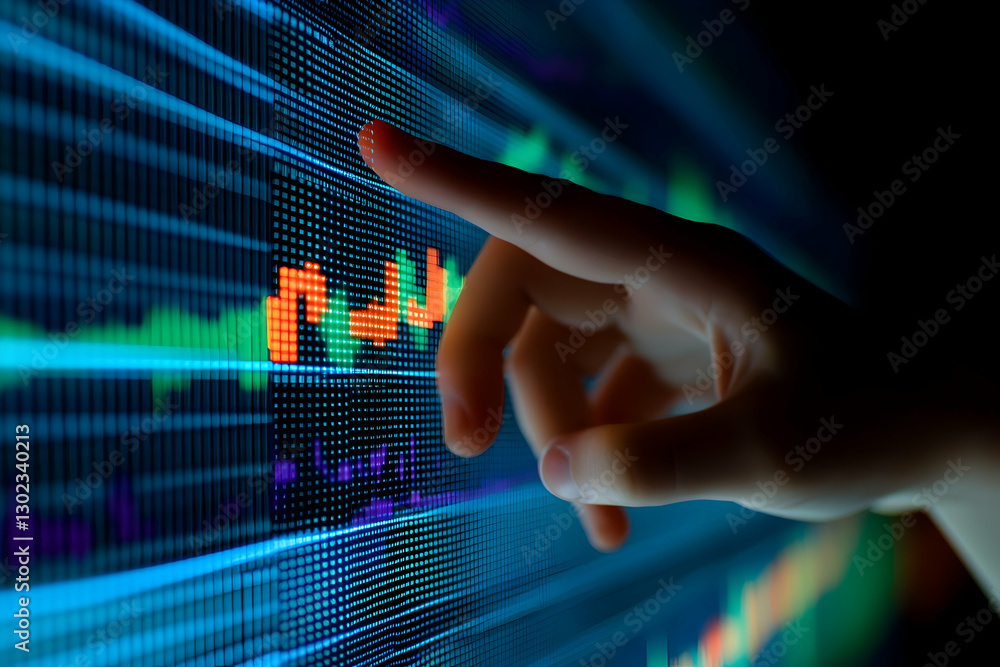 Poster analyzing financial data on screen, hand interacting with stock market graph display for investment 