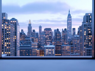 Evening cityscape view from a modern apartment showcasing skyscrapers and lights