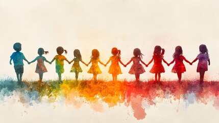Watercolor-style emotional artwork of children holding hands in solidarity, raising awareness about ending forced labor