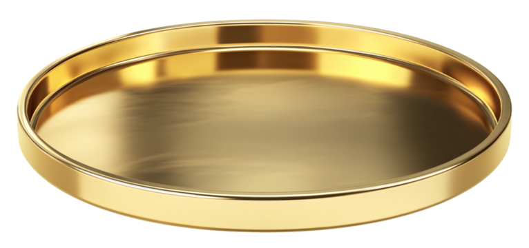 Gold round tray, made of metal, front view, transparent background, in PNG