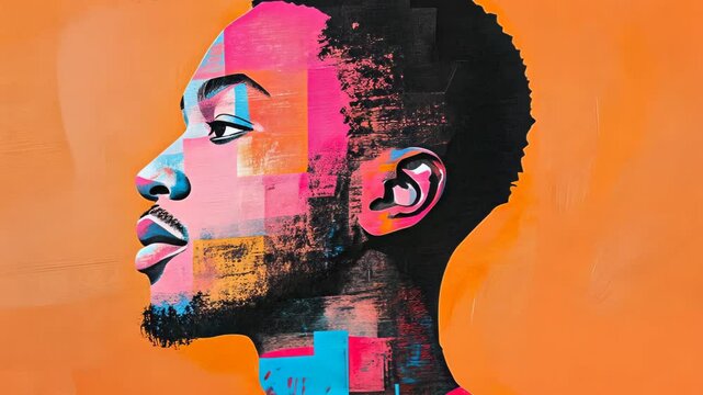 Vibrant Paper Collage of African Man with Colorful Abstract Shapes on Bold Orange Background Inspiring Pop Art Style