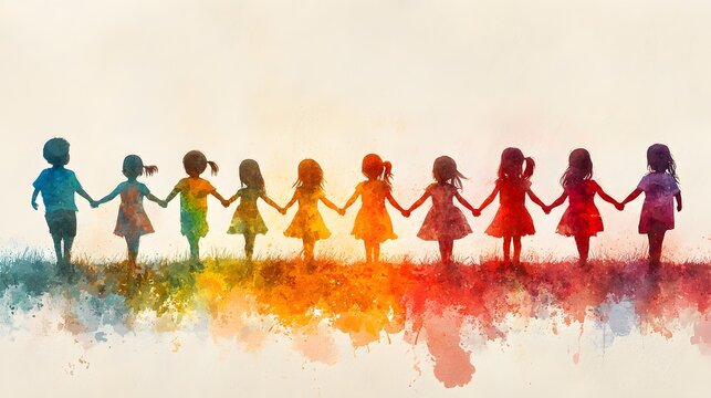 Watercolor-style emotional artwork of children holding hands in solidarity, raising awareness about ending forced labor