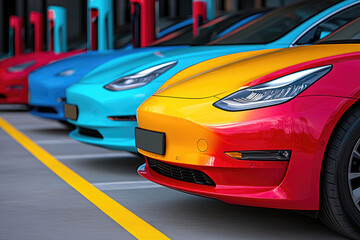 Obraz premium Vibrant Electric Cars in a Row at Charging Station: Modern Automotive Technology