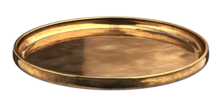 Gold round tray, made of metal, front view, transparent background, in PNG