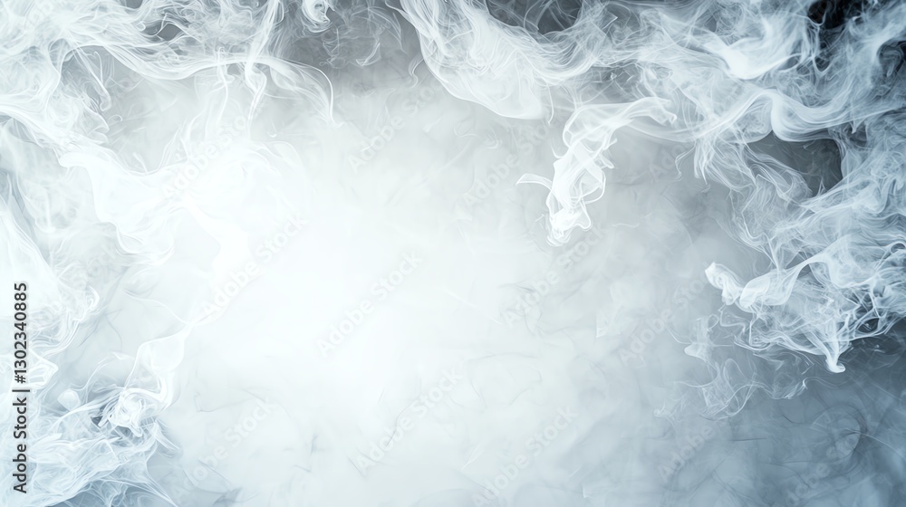 Poster ethereal white smoke swirling in abstract patterns on a dark background, creating a mystical atmosph