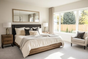Modern bedroom with large bed, natural light, and cozy armchair.