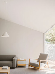 Modern minimalist living room design showcasing light tones and natural elements