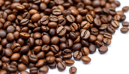 Fototapeta premium Pile of Fresh Roasted Coffee Beans on White Background Close-up
