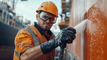 Worker cleaning ship hull, port, pressure washer, industrial background