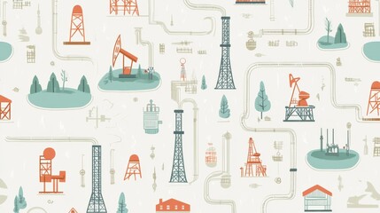 Abstract Pattern Design with Oil Rigs and Industry Elements on Light Background