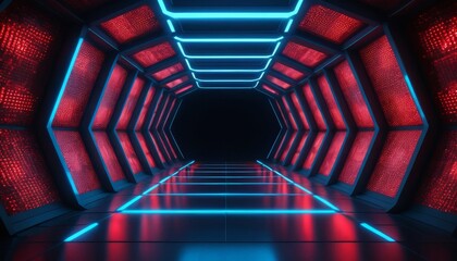 Futuristic Neon Lit Corridor with Red Digital Panels and Blue Lights