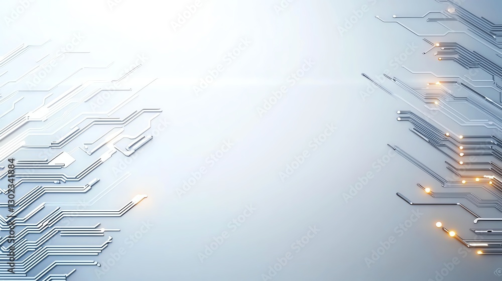 Poster futuristic digital circuit background with glowing lights and abstract lines on white surface.