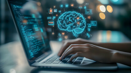 Artificial Intelligence Development and Machine Learning Concept Depicted Through a Laptop Screen Showing Brain Symbol and Data