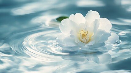 An elegant white flower drifting in water accompanied by a green leaf for natural serenity