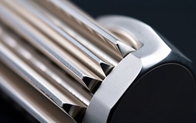 Fototapeta premium Close-up of a meticulously crafted metallic tool, showcasing intricate details and a sleek, polished finish against a dark background. The precision engineering is evident.