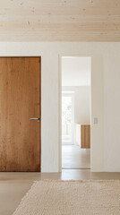 Modern interior design featuring wooden door and minimalistic living space in bright light