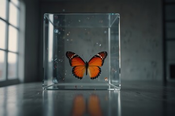 The butterfly is trapped in the glass box