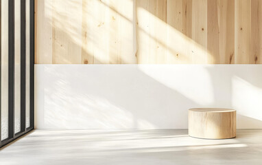 Sunlight streaming through modern interior space with wooden accents and minimal furniture