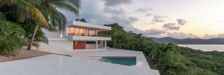 Fototapeta premium Modern villa overlooking scenic landscape at sunset