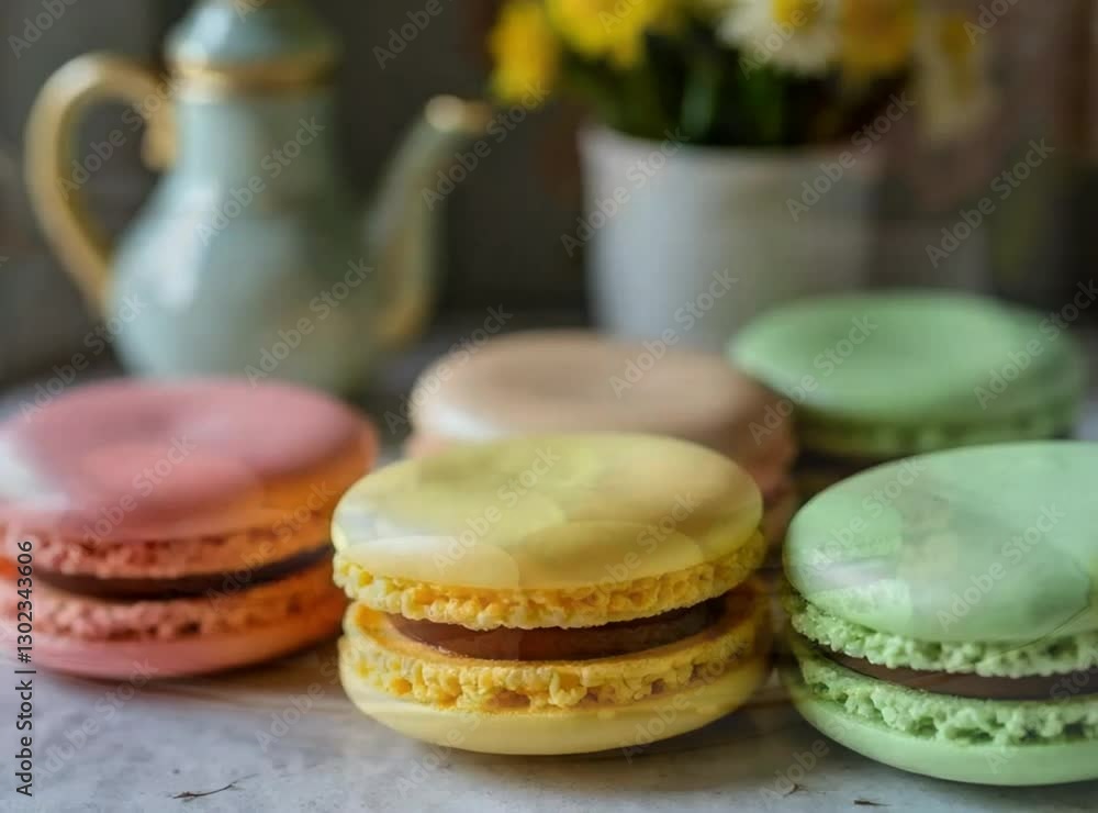 Poster a table with a teapot and a vase of flowers. there are four different colored macarons on the table