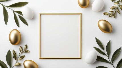 Elegant Easter Flatlay Gold and White Eggs with Frame