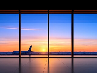 Fototapeta premium Serene sunset view from airport terminal with airplane silhouetted against horizon