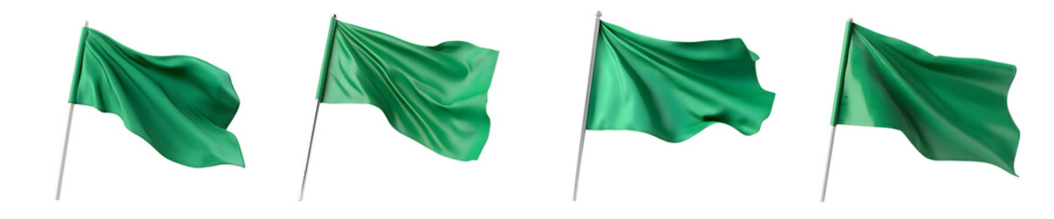 Green Flags Waving in the Wind Against a Transparent Background