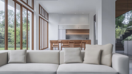 Fototapeta premium Modern open concept kitchen and living space with large windows in natural light