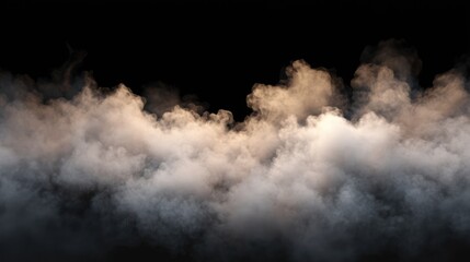 Fototapeta premium Swirling cloud of white smoke set against dark black background. Ethereal mist, mysterious dramatic atmosphere, texture depth. Designs of mystery, magic, transformation.