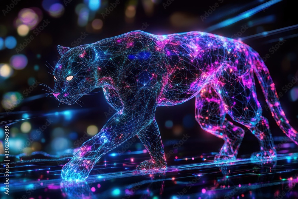 Poster a black panther designed with luminous network plexus patterns, surrounded by bright glowing laser l