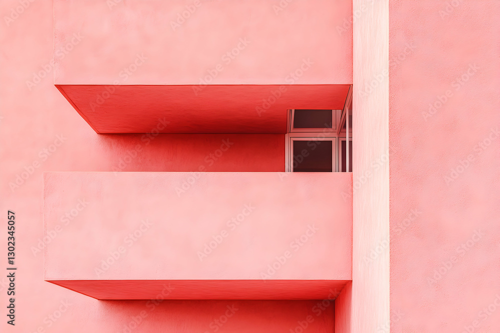 Poster captivating architectural geometry, a striking composition of coral-colored building facade with mod