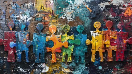 Fototapeta premium Colorful Puzzle People Representing Diverse States of Mind and Connection in a Creative Artistic Background