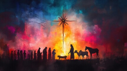 Christmas Nativity Scene: Shepherds Visiting Jesus Watercolor Illustration