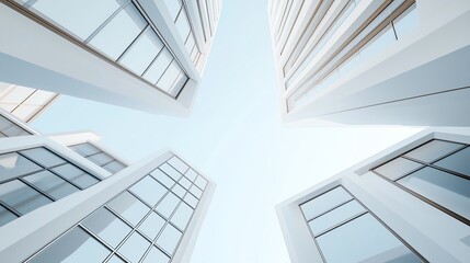 Obraz premium Modern architectural skyscrapers with glass facades reaching into the clear blue sky.