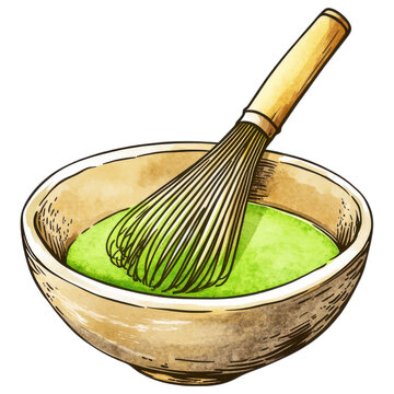 matcha whisking in bowl, watercolor style clip art preview