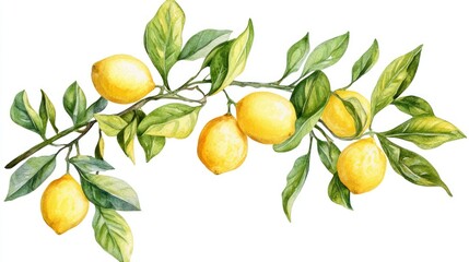 Obraz premium Ripe lemons on branch, sunny orchard, summer harvest, food/design